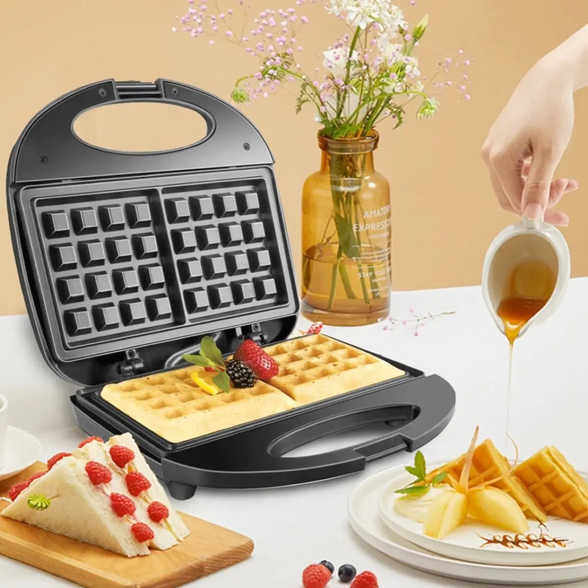 WAFFLERA ELÉCTRICA HAEGER HG-242 ANTIADHERENTE COLOR NEGRO PARA WAFFLES CASEROS