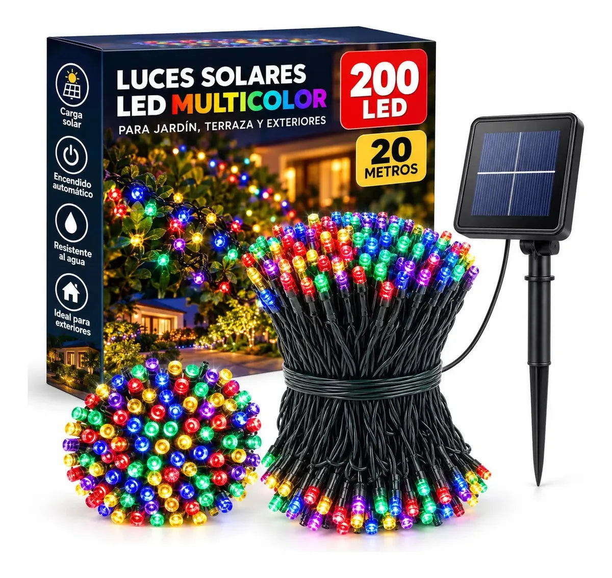GUIRNALDA SOLAR LED MULTICOLOR 20 METROS 200 PARA EXTERIOR Y NAVIDAD
