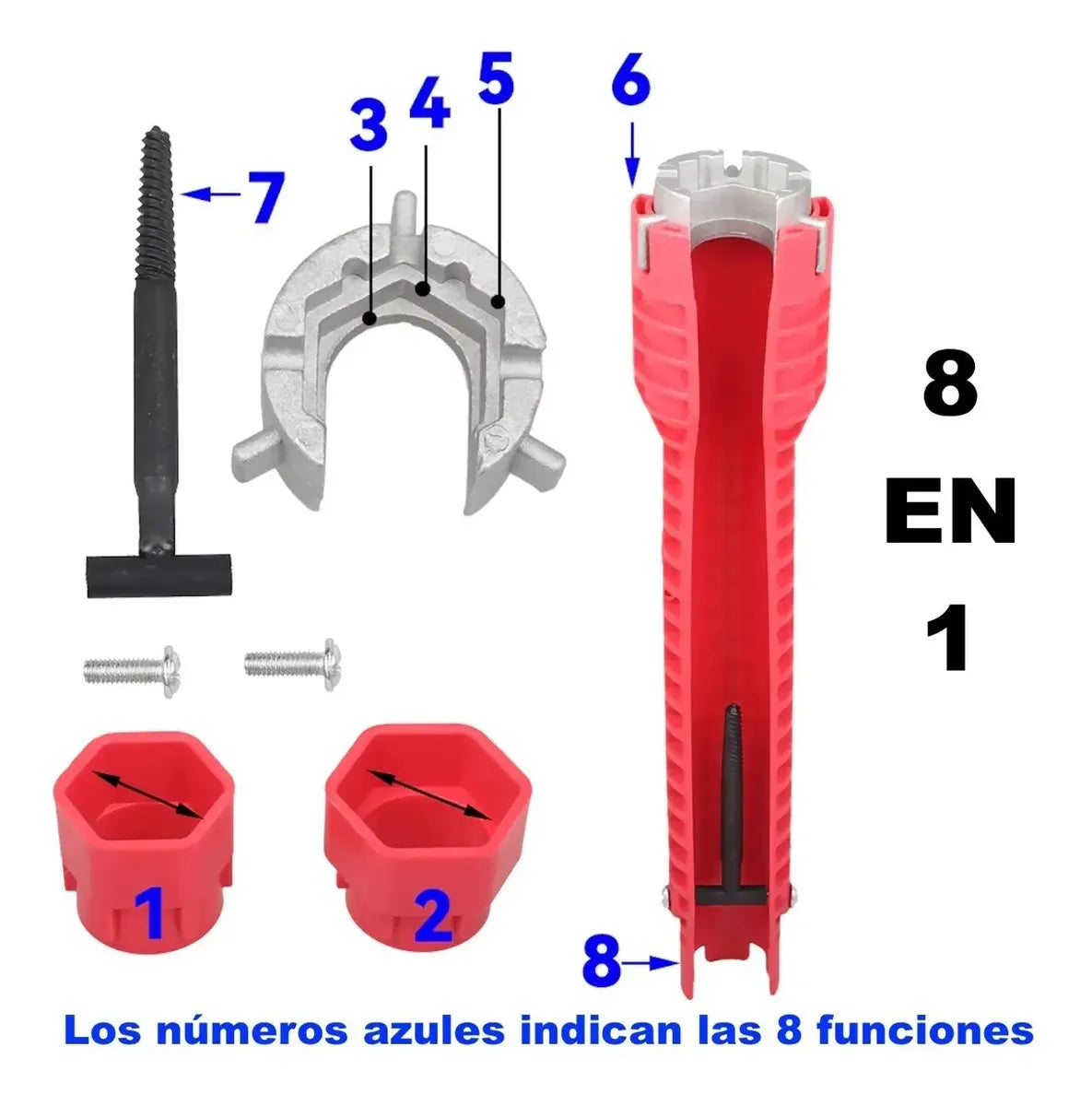 LLAVE AJUSTABLE GASFITERÍA MULTIUSO FLEXIBLE DESAGUE COCINA ROJA