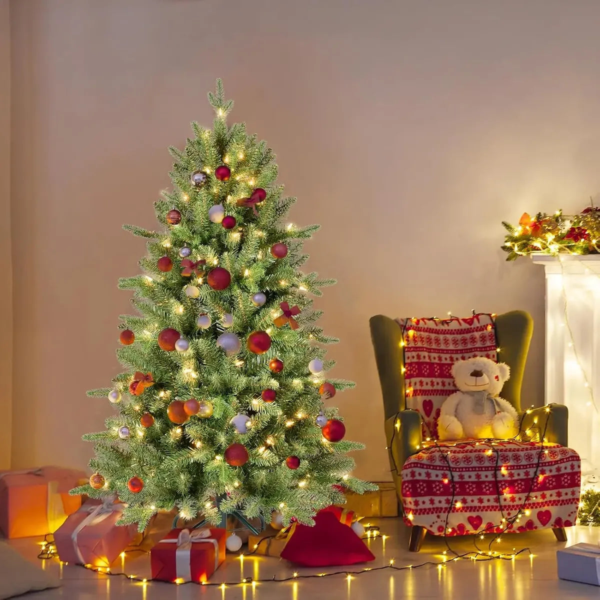 ÁRBOL DE NAVIDAD 1.80 METROS CON LUCES LED INCORPORADAS Y BASE METÁLICA