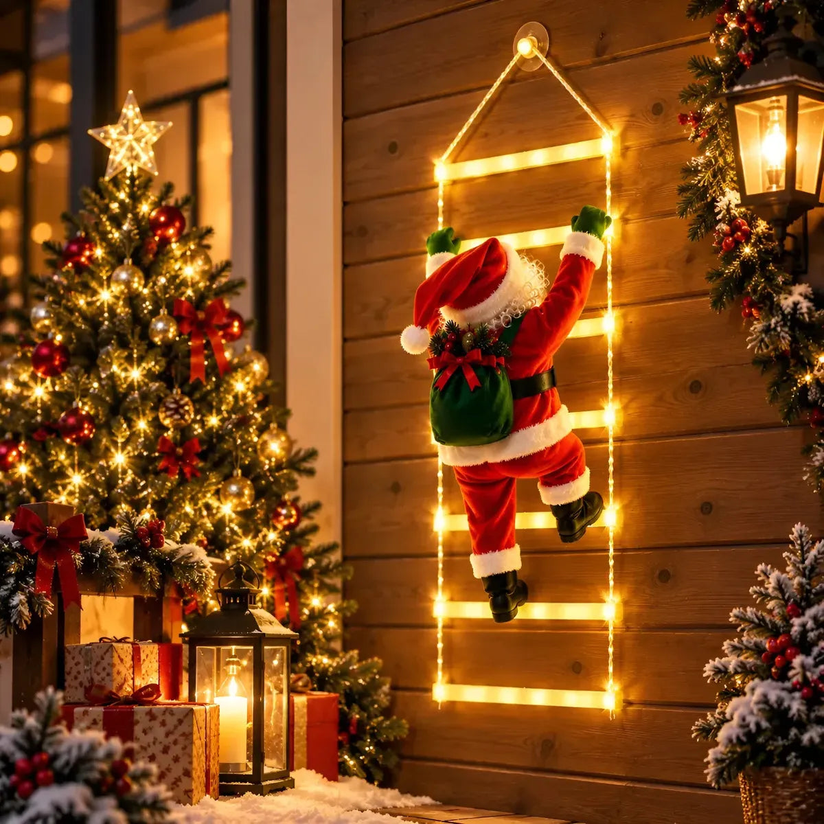 VIEJO PASCUERO ESCALADOR SOLAR + ESCALERA 160CM + LUCES LED NAVIDAD ROJO