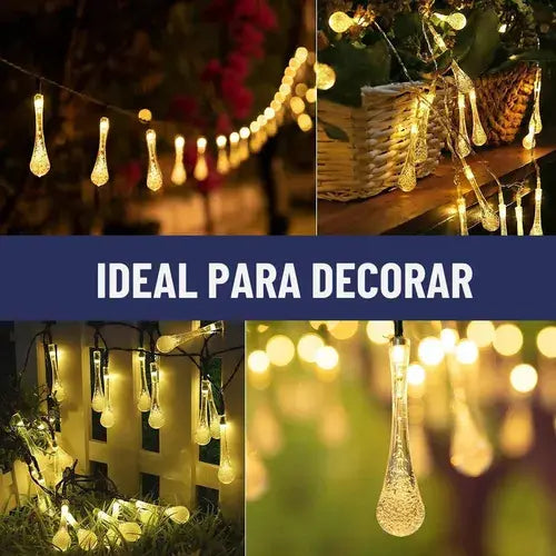 GUIRNALDA SOLAR LED 30 GOTAS LUZ CÁLIDA AMARILLA 6,5 METROS IP65 PARA EXTERIOR
