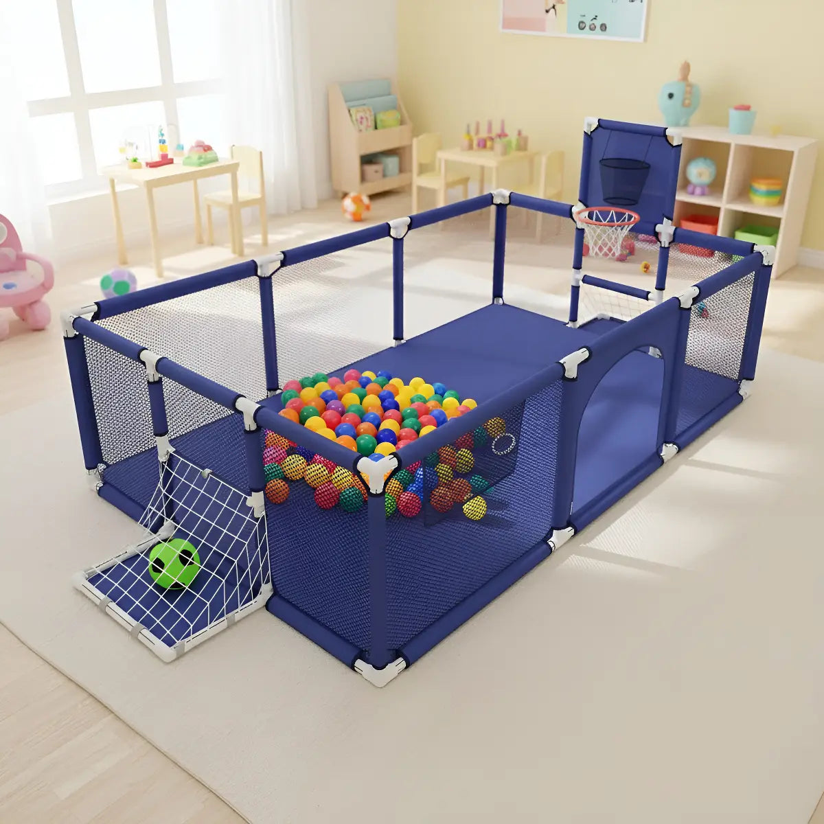 CORRAL SEGURIDAD BEBÉ 180CM MULTIFUNCIONAL CON ARO BASKETBALL Y ARCO FÚTBOL