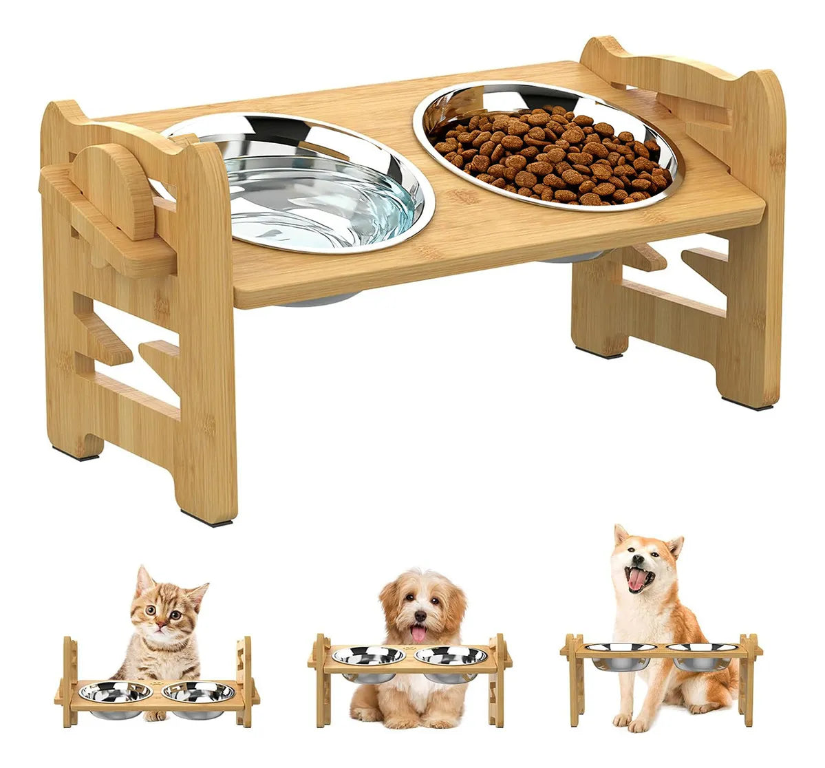 COMEDERO ELEVADO AJUSTABLE PARA MASCOTAS CON 2 PLATOS DE ACERO INOXIDABLE