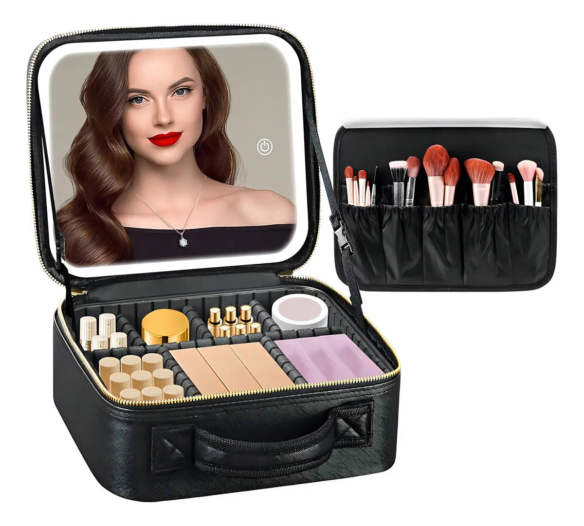 MALETA ORGANIZADORA DE MAQUILLAJE PORTÁTIL CON ESPEJO LED - COLOR NEGRO