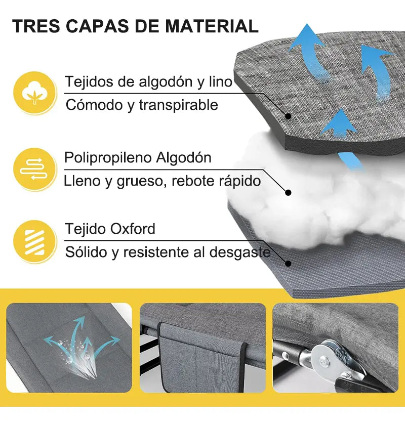 CAMA CATRE OUTDOOR PLEGABLE ACOLCHADO GRIS PORTÁTIL Y RESISTENTE