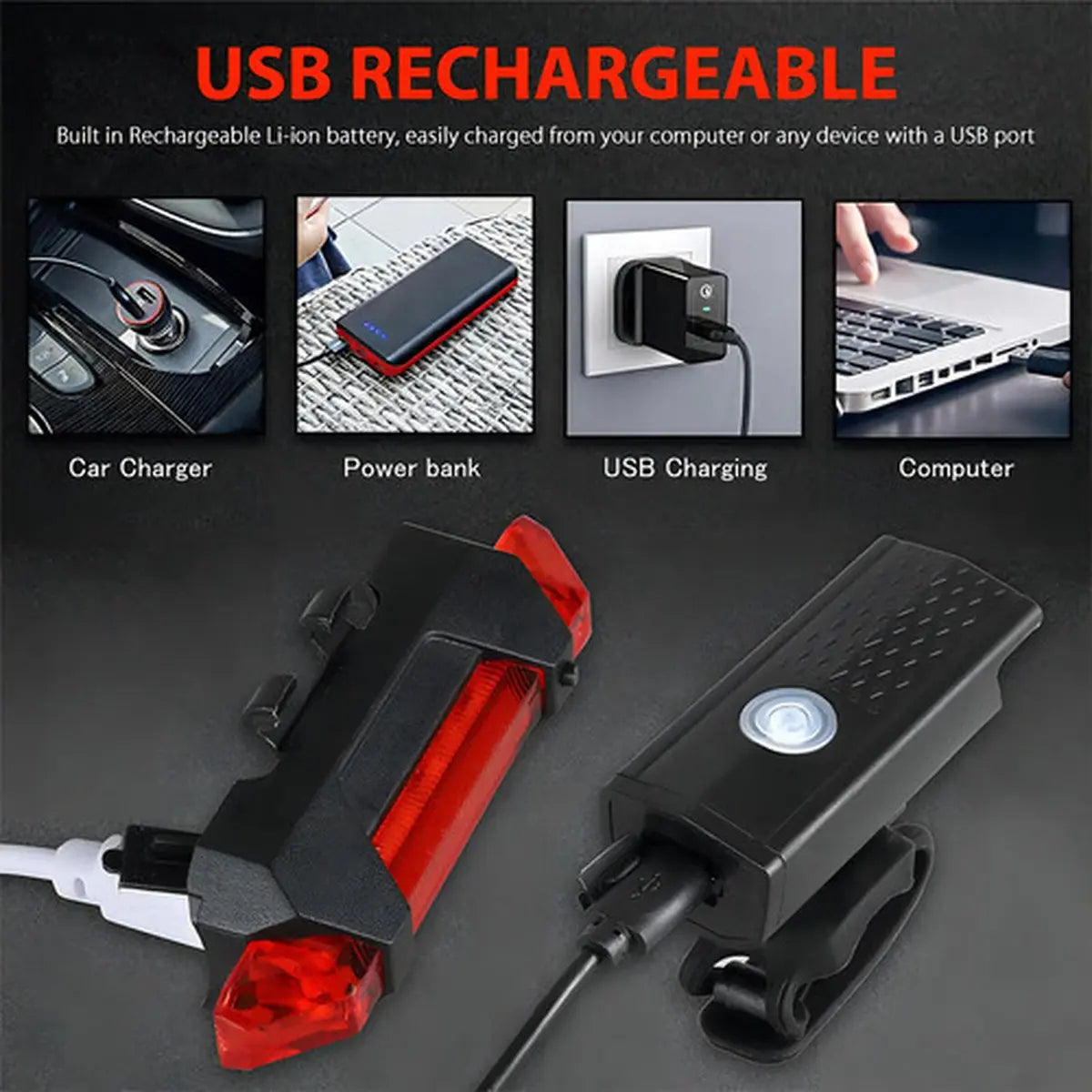 PACK 2 LUCES LED BICIBLETA USB TRASERA Y DELANTERA NORPLAT -NEGRO