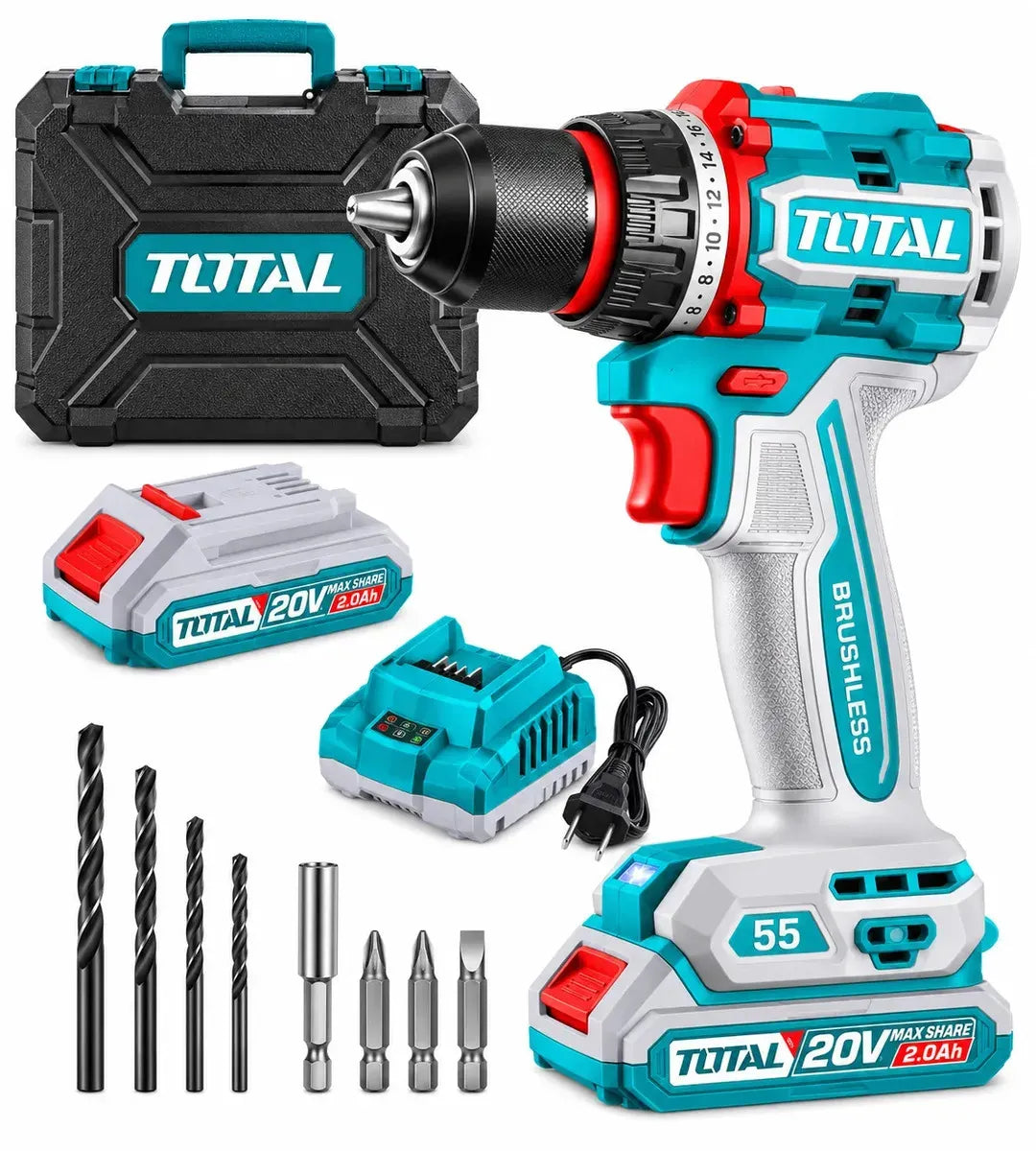 TALADRO ATORNILLADOR TOTAL 20V 55 Nm 1/2" BRUSHLESS + BATERÍA + CARGADOR + ACCESORIOS