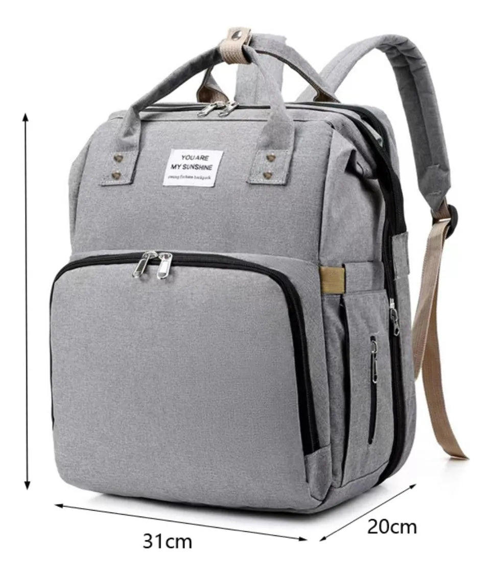 MOCHILA PAÑALERA 3 EN 1 CUNA Y MUDADOR PORTÁTIL IMPERMEABLE GRIS