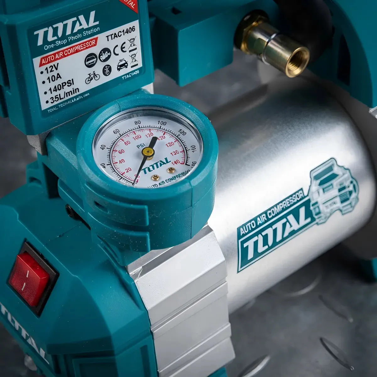 COMPRESOR DE AIRE PORTÁTIL TOTAL 12V 10A PARA AUTO + MANGUERA + ADAPTADORES