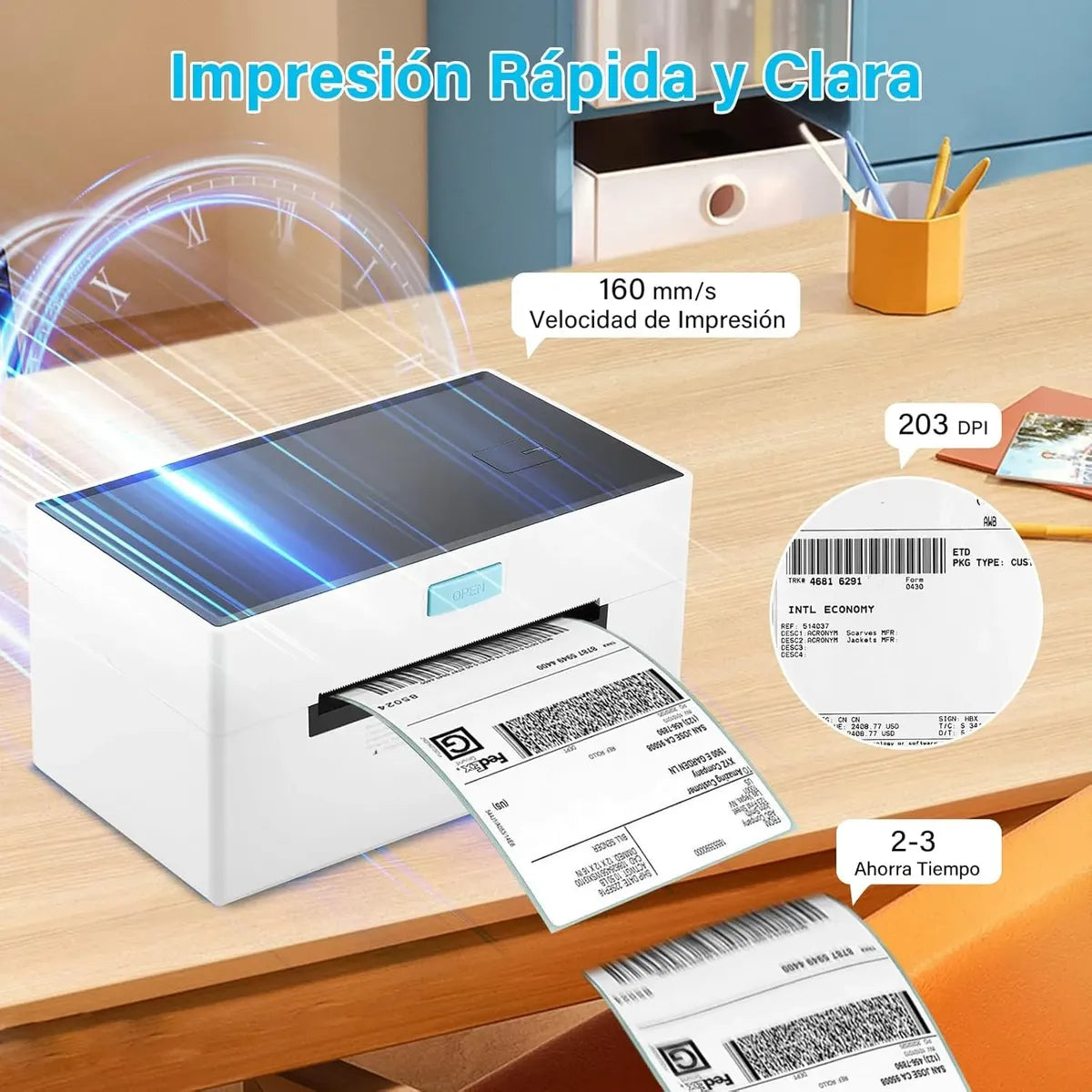 IMPRESORA PORTÁTIL TÉRMICA DE ETIQUETAS BLUETOOTH + USB CON SOPORTE