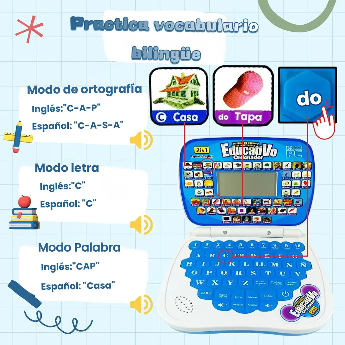 LAPTOP DE JUGUETE DIDÁCTICA EDUCATIVA CON PANTALLA- AZUL