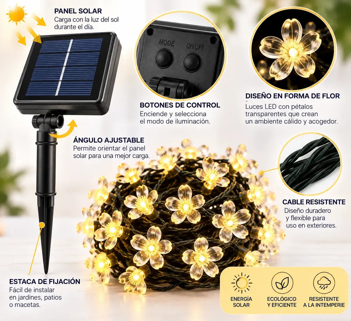 GUIRNALDA SOLAR DE FLORES LED LUZ CÁLIDA 30 LUCES PARA JARDÍN Y EXTERIOR