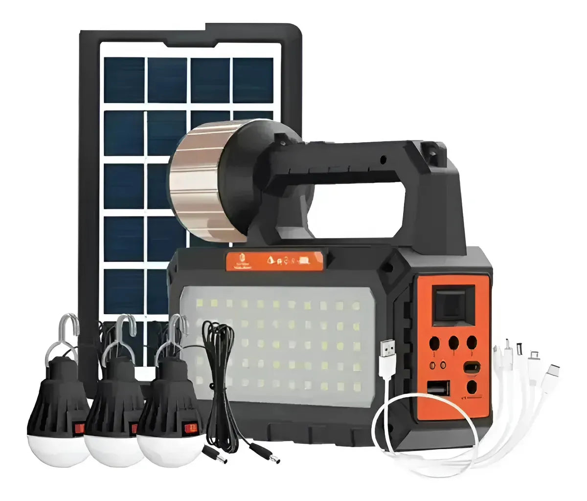 KIT EMERGENCIA RADIO SOLAR MULTIUSOS CON AMPOLLETAS + LINTERNA + USB