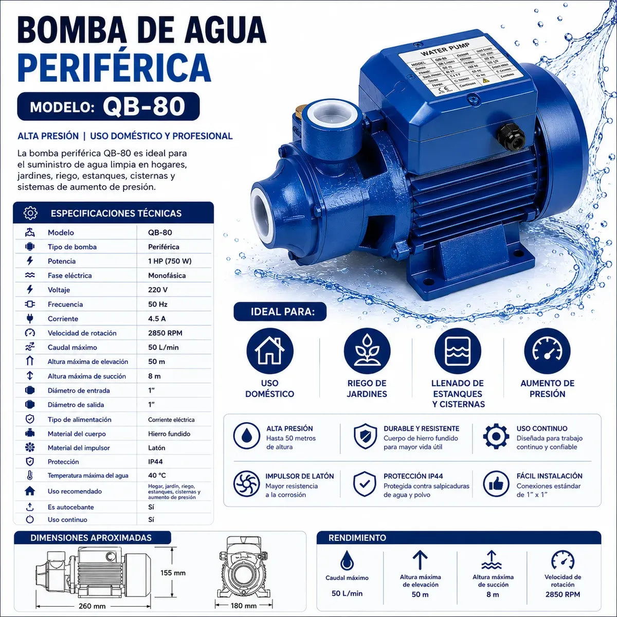 BOMBA DE AGUA PERIFÉRICA QB80 1HP 750W 220V