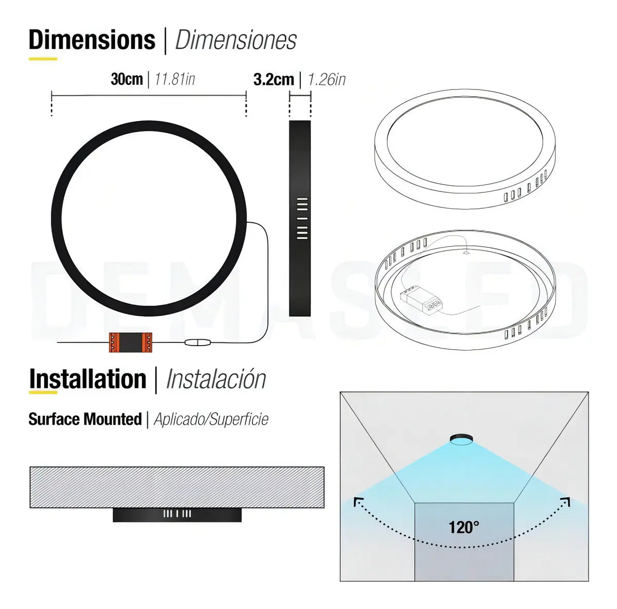 FOCO PANEL LED 24W  PLAFÓN REDONDO 30 CM SOBREPUESTO NEGRO LUZ FRÍA 6000K