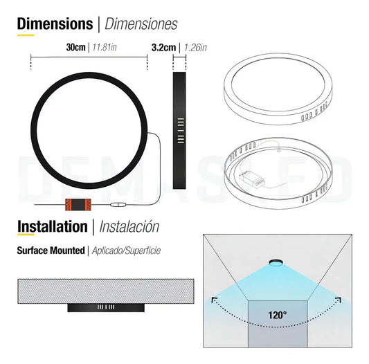 FOCO PANEL LED 24W  PLAFÓN REDONDO 30 CM SOBREPUESTO NEGRO LUZ FRÍA 6000K