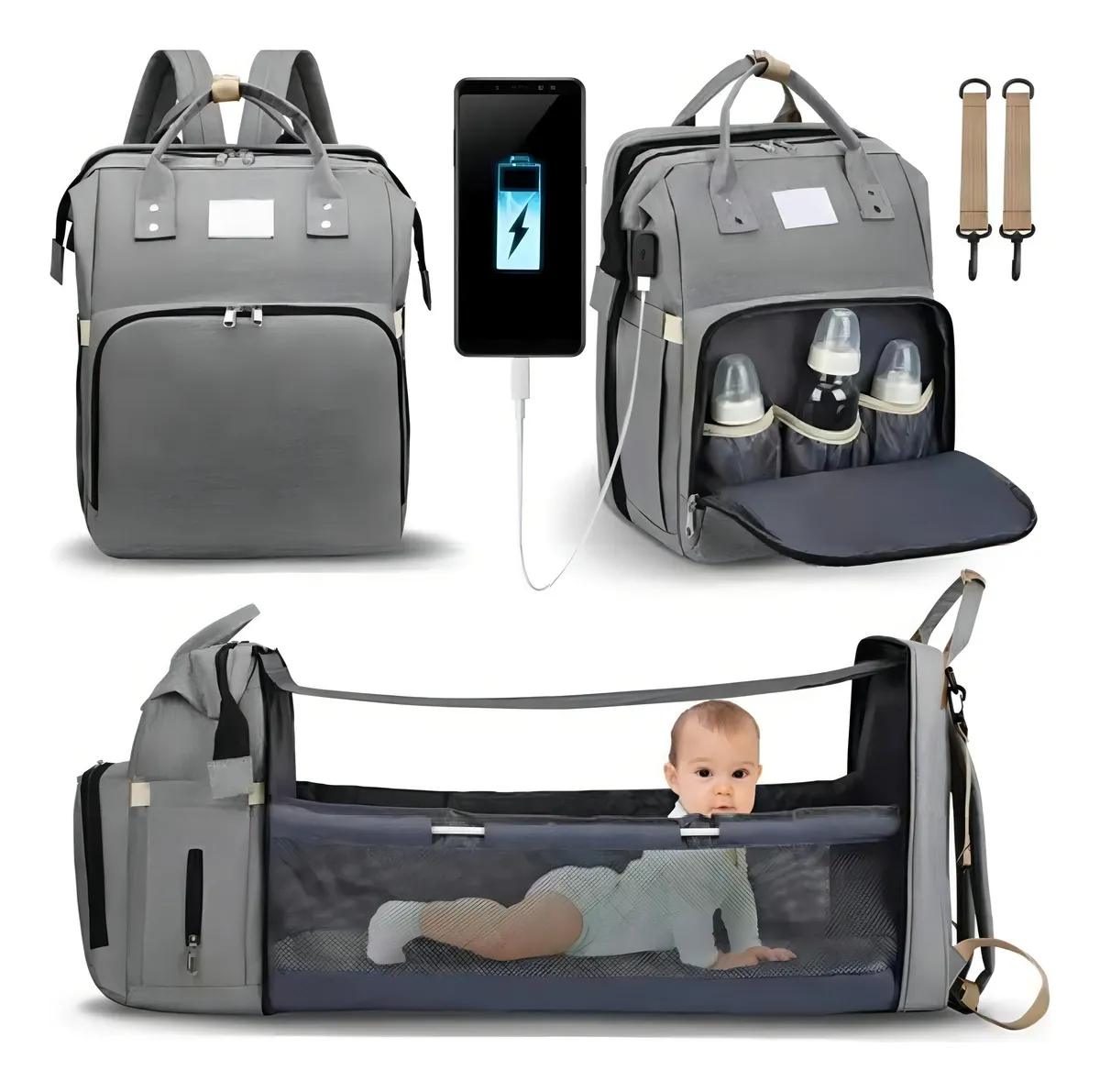 MOCHILA PAÑALERA 3 EN 1 CUNA Y MUDADOR PORTÁTIL IMPERMEABLE GRIS