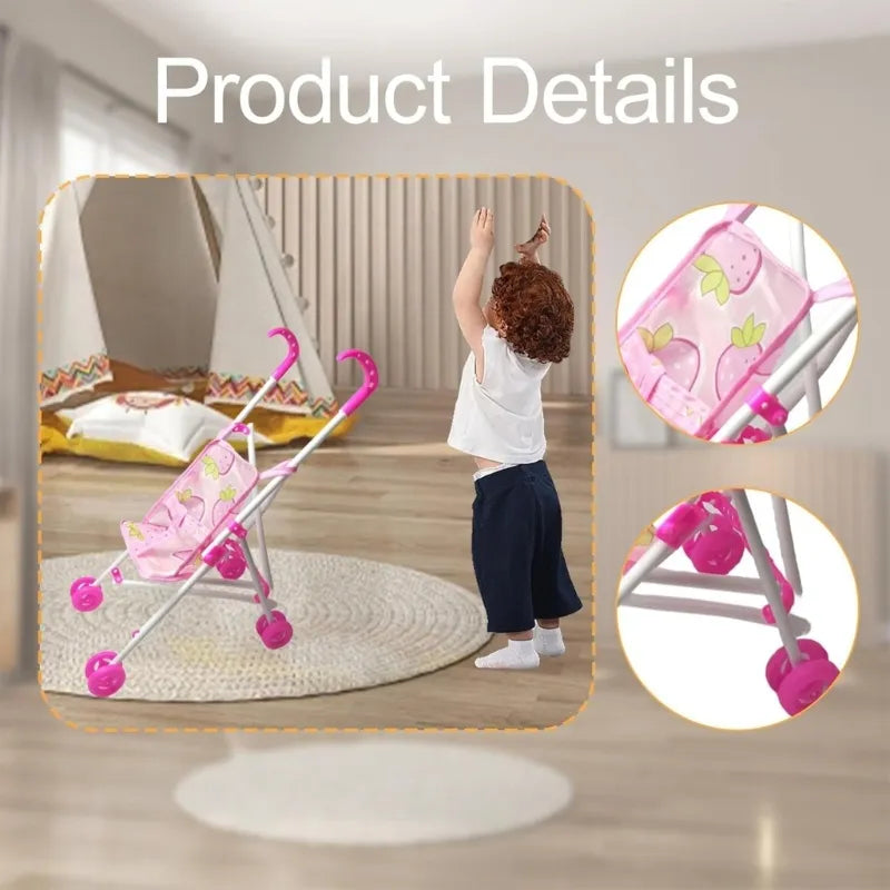 COCHE PARA MUÑECAS INFANTIL 33 CM - PLEGABLE ROSADO