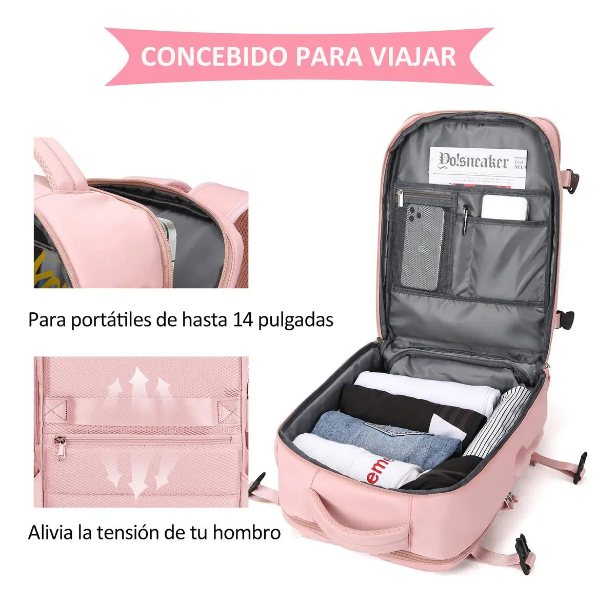 MOCHILA DE VIAJE GRAN CAPACIDAD USB PUERTO ROSA DISEÑO LISO