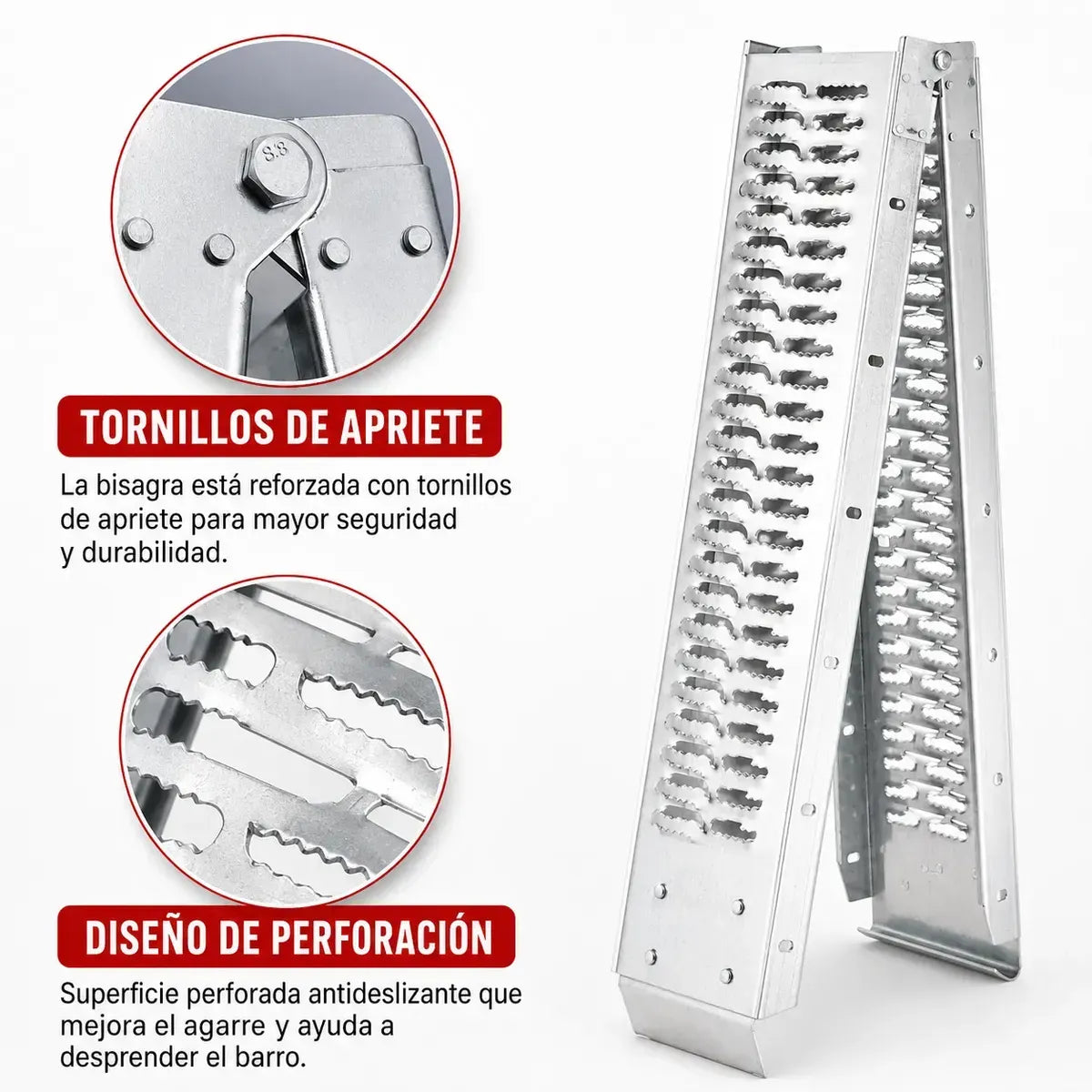 RAMPA PLEGABLE PARA MOTOCICLETA - ALEACIÓN PLATEADA / CARGA MÁXIMA 260 KG