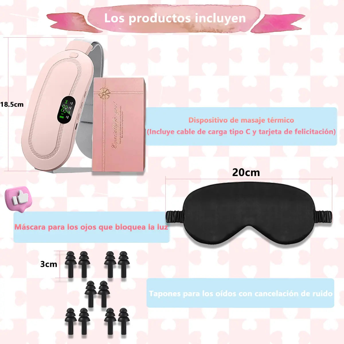 PACK CINTURÓN PARA DOLOR MENSTRUAL CON CALOR + ANTIFAZ PARA DORMIR 3D