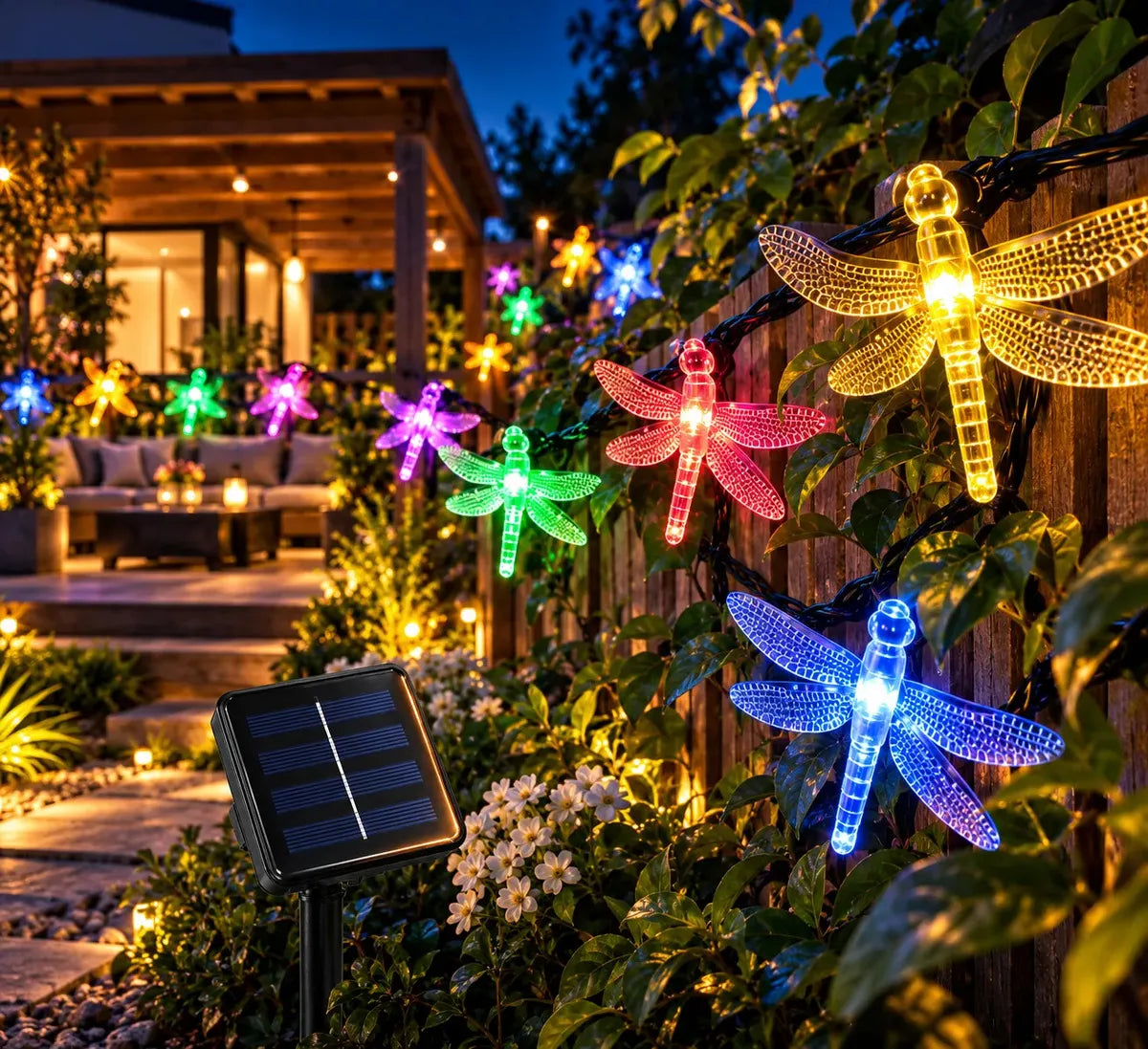 GUIRNALDA SOLAR LIBÉLULAS MULTICOLOR 60 LED 5 METROS