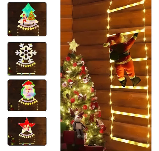 VIEJO PASCUERO ESCALADOR SOLAR + ESCALERA 160CM + LUCES LED NAVIDAD ROJO