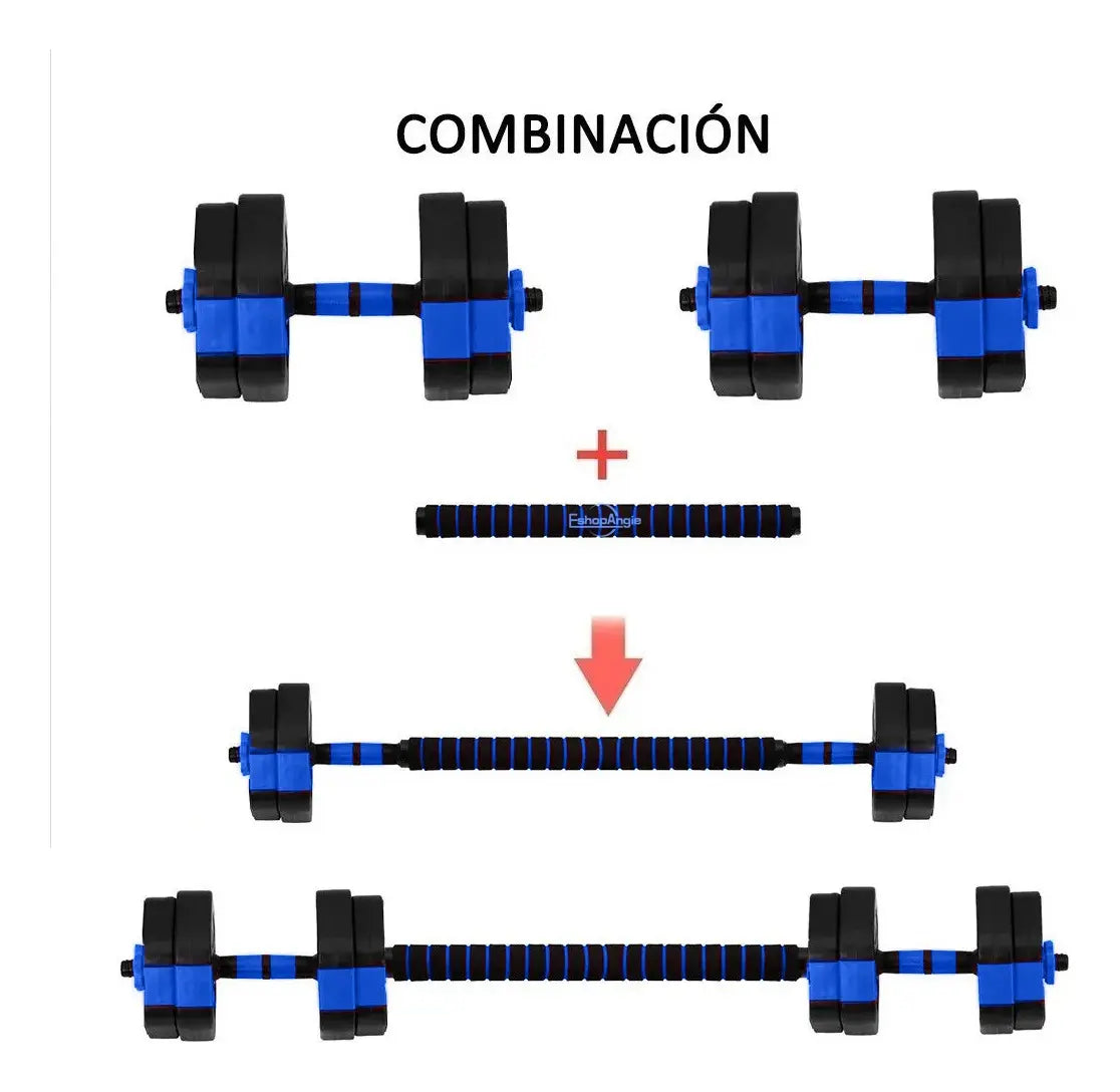 MANCUERNAS AJUSTABLES MULTIFUNCIONALES CON BARRA Y DISCOS -SET 15KG