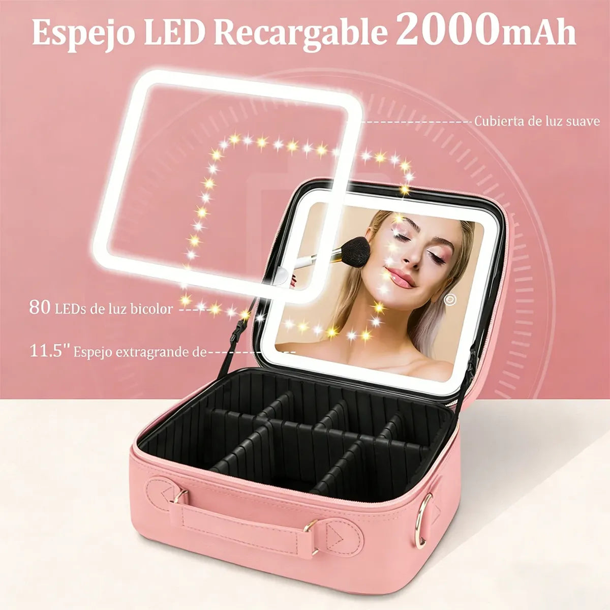 MALETA ORGANIZADORA DE MAQUILLAJE PORTÁTIL CON ESPEJO LED - ROSADO ELEGANTE