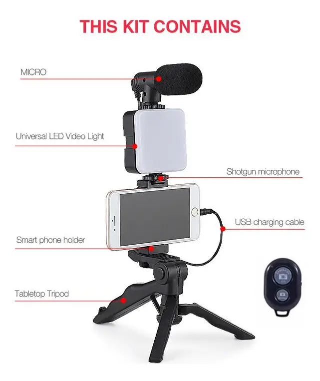 KIT VIDEO MAKER PROFESIONAL 3 EN 1 PARA CELULAR -LUZ LED + MICRÓFONO + TRÍPODE