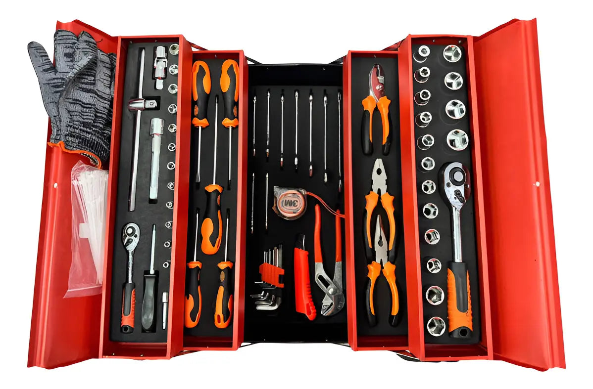 CAJA DE HERRAMIENTAS SET 85 PIEZAS PLEGABLE 5 NIVELES METÁLICA.