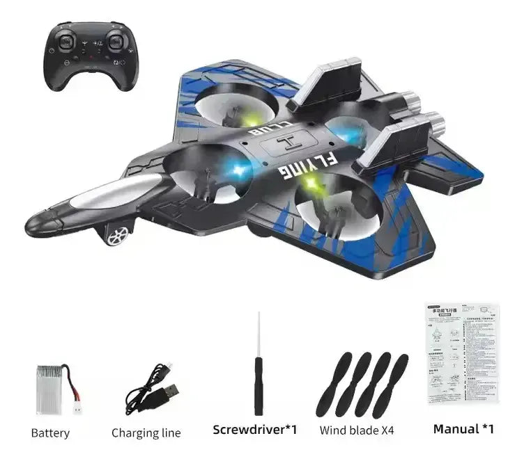 JUGUETE DRONE AVIÓN FIGHTER RC 4 HÉLICES CON LUCES LED Y CONTROL REMOTO