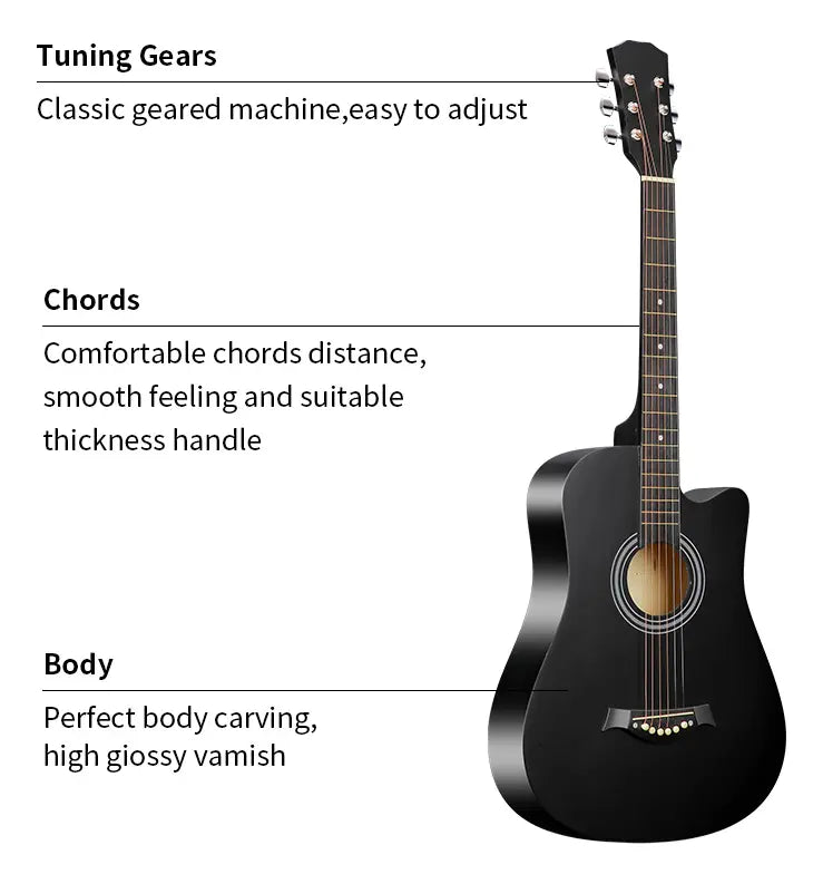 GUITARRA ACÚSTICA NEGRA 38" + KIT COMPLETO (8 ACCESORIOS)