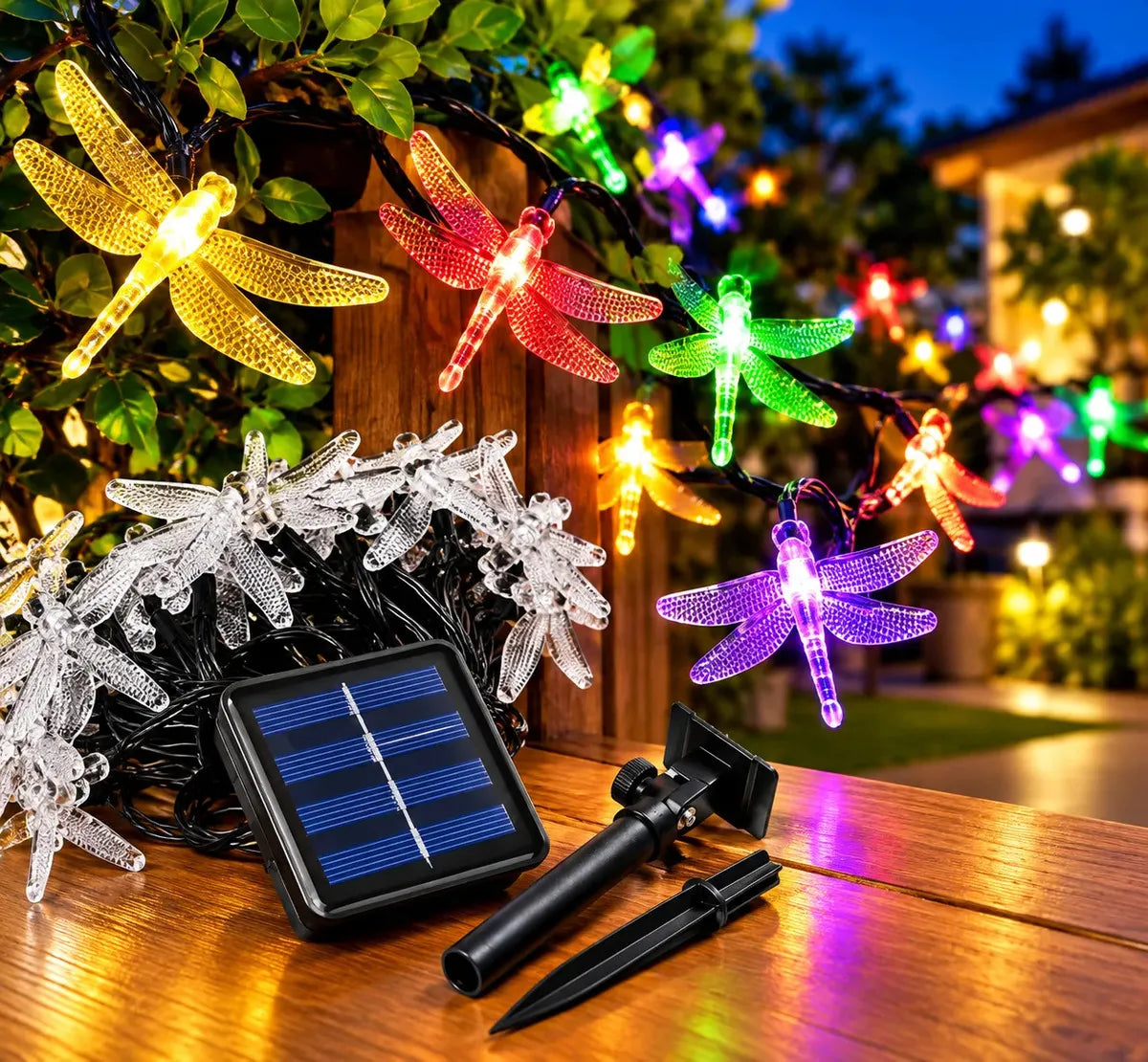 GUIRNALDA SOLAR LIBÉLULAS MULTICOLOR 60 LED 5 METROS