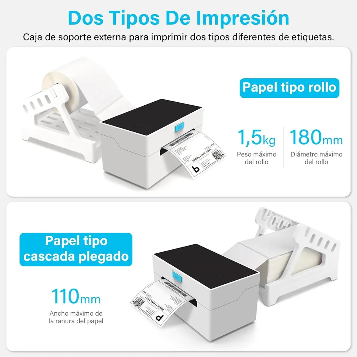 IMPRESORA PORTÁTIL TÉRMICA DE ETIQUETAS BLUETOOTH + USB CON SOPORTE