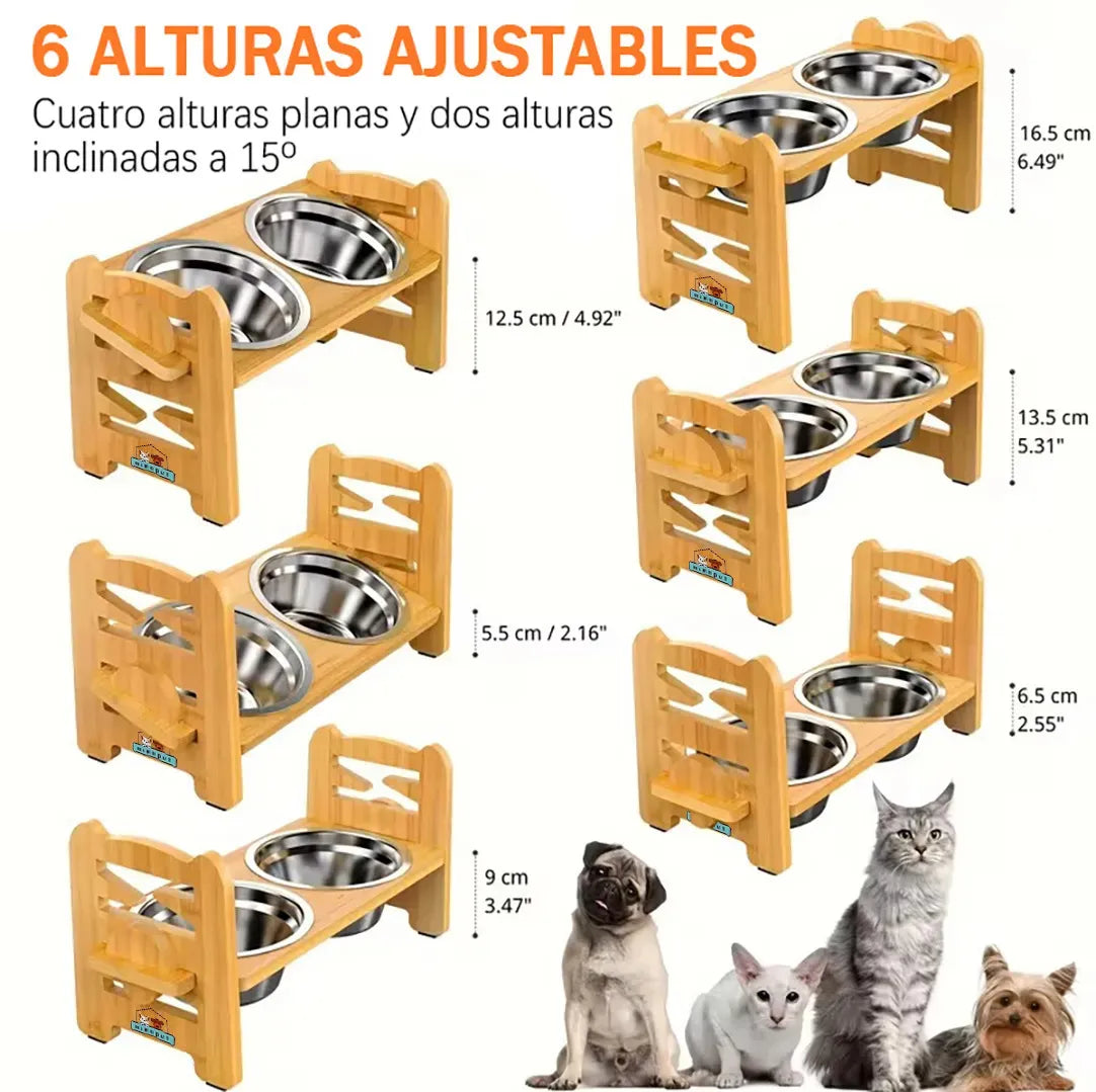 COMEDERO ELEVADO AJUSTABLE PARA MASCOTAS CON 2 PLATOS DE ACERO INOXIDABLE