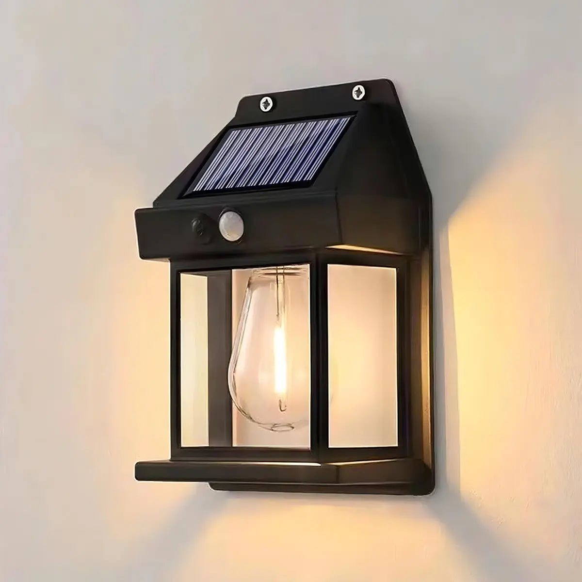 FAROL SOLAR PARED SENSOR MOVIMIENTO LUZ CÁLIDA EXTERIOR NEGRO
