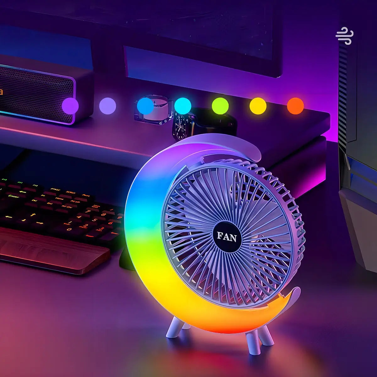 MINI VENTILADOR DE ESCRITORIO PORTÁTIL IRM CON LUZ LED MULTICOLOR Y CARGA USB
