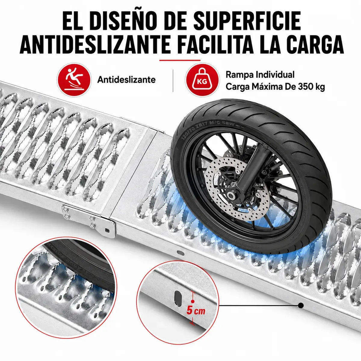 RAMPA PLEGABLE PARA MOTOCICLETA - ALEACIÓN PLATEADA / CARGA MÁXIMA 260 KG