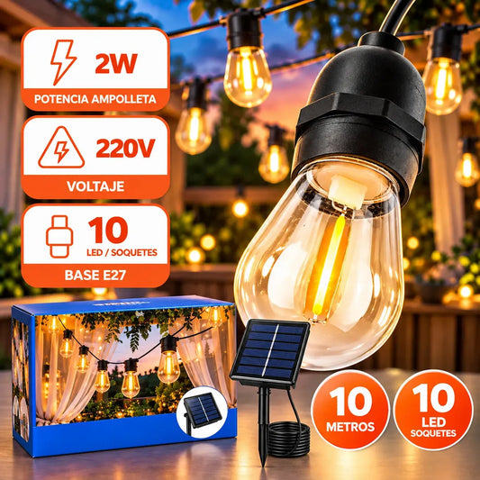 LUCES FUIRNALDA SOLAR LED 10 METROS CON 10 AMPOLLETAS VINTAGE LUZ CÁLIDA PARA EXTERIOR