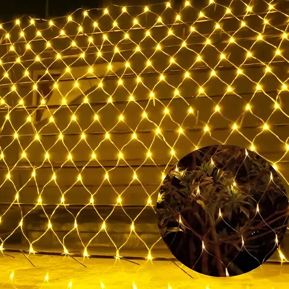MALLA SOLAR LED LUZ CÁLIDA 3X2 METROS - RED DECORATIVA IMPERMEABLE CON ENCENDIDO AUTOMÁTICO