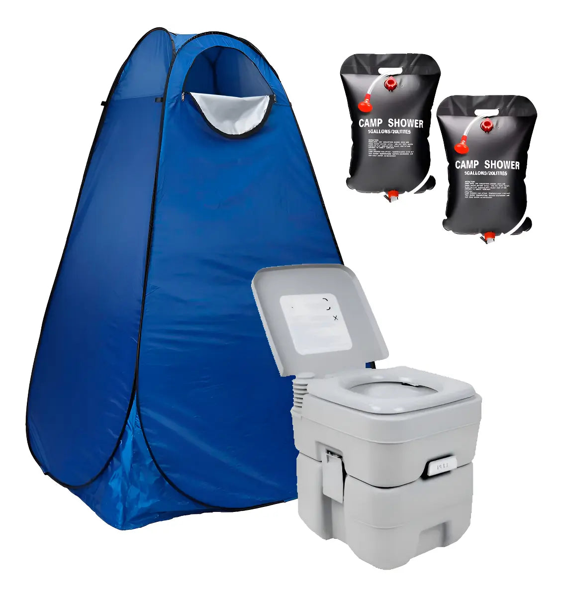 CARPA BAÑO VESTIDOR + BAÑO QUÍMICO 20L + 2 DUCHA 20L - KIT CAMPING