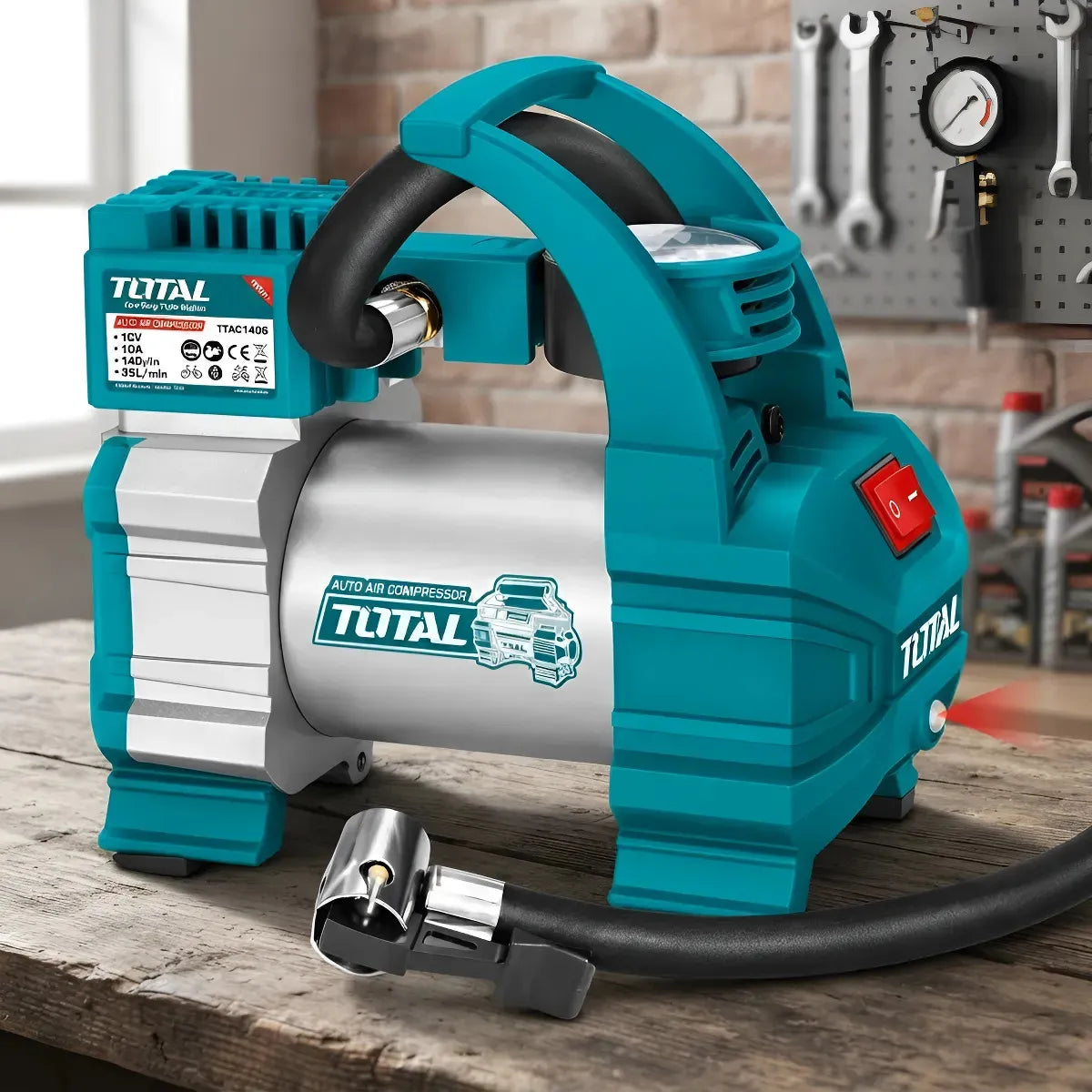 COMPRESOR DE AIRE PORTÁTIL TOTAL 12V 10A PARA AUTO + MANGUERA + ADAPTADORES