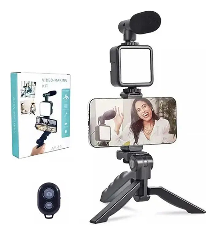 KIT VIDEO MAKER PROFESIONAL 3 EN 1 PARA CELULAR -LUZ LED + MICRÓFONO + TRÍPODE