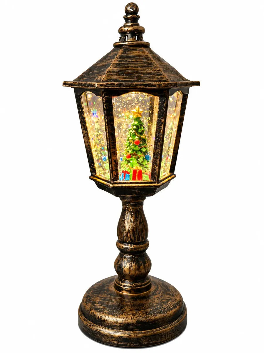 FAROL NAVIDEÑO LED MULTICOLOR CON ÁRBOL DE NAVIDAD, LUZ Y EFECTO NIEVE - 22CM