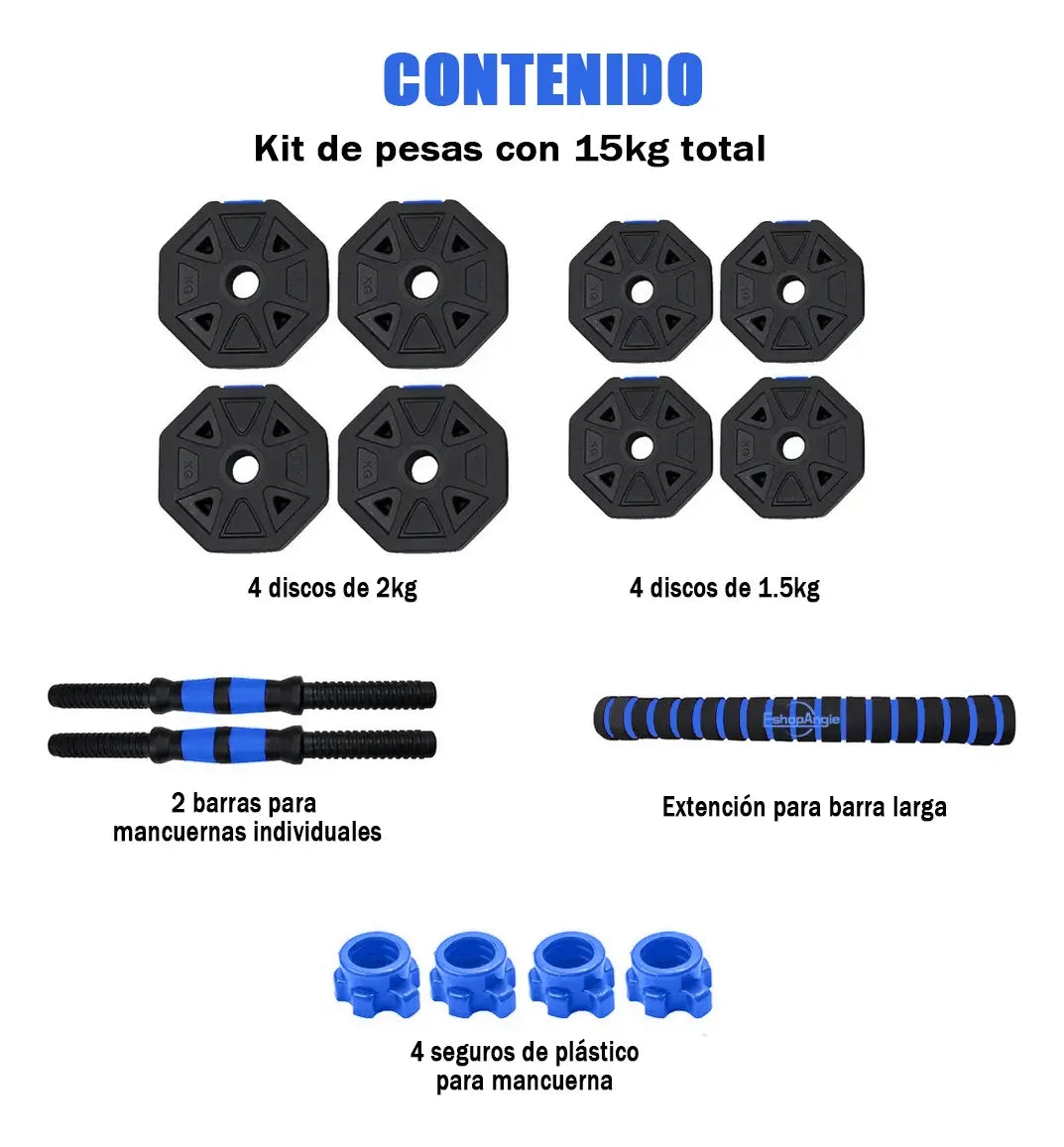 MANCUERNAS AJUSTABLES MULTIFUNCIONALES CON BARRA Y DISCOS -SET 15KG