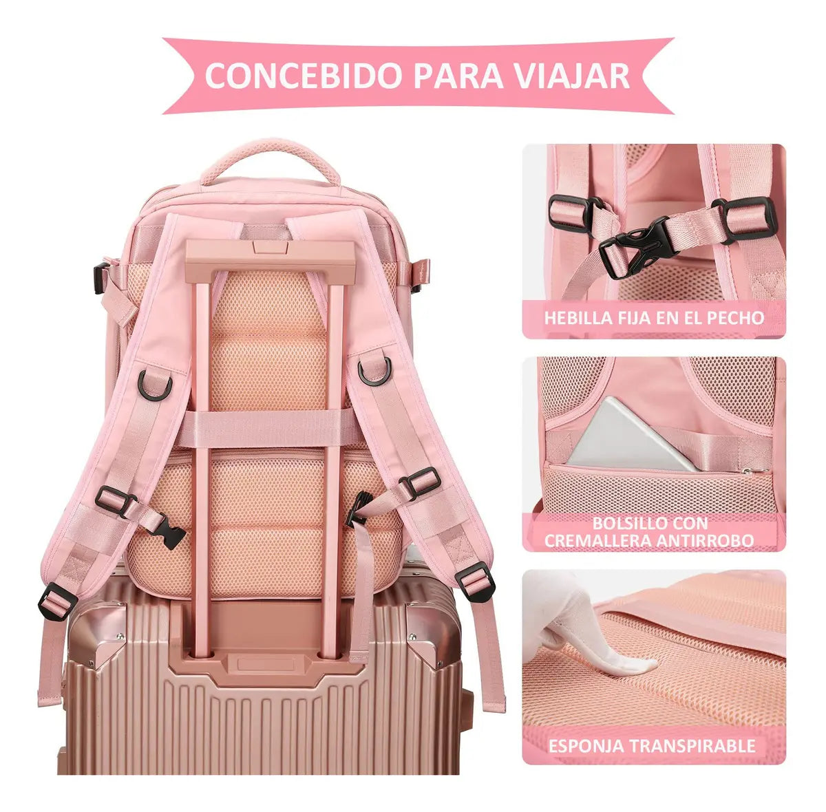 MOCHILA DE VIAJE GRAN CAPACIDAD USB PUERTO ROSA DISEÑO LISO