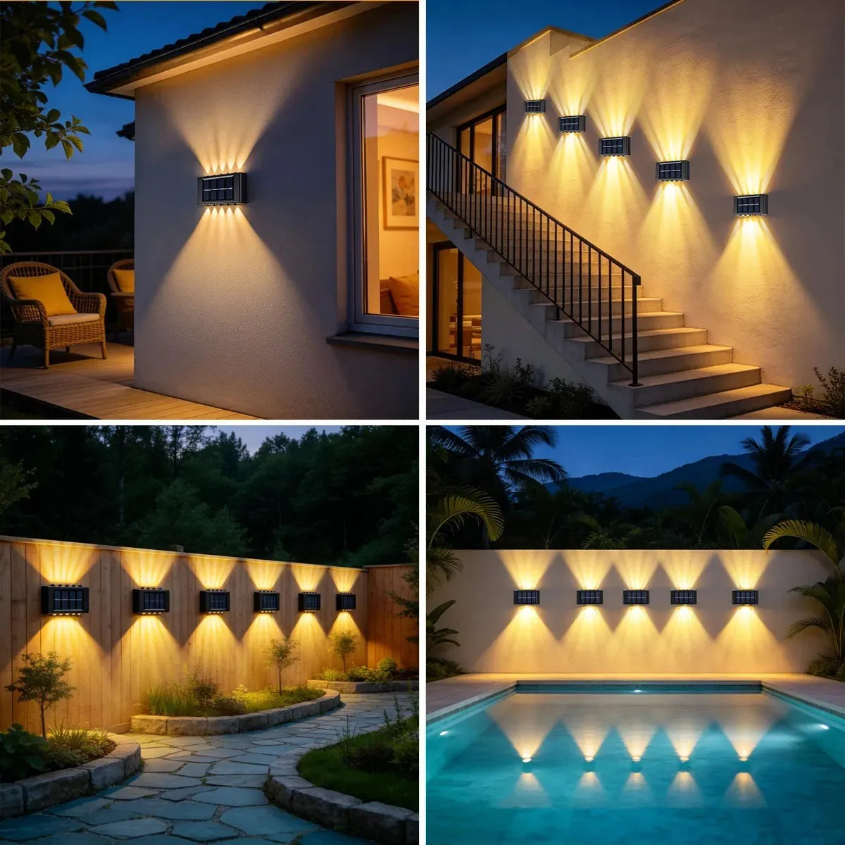 KIT 4 LUCES SOLARES LED EXTERIOR PARA JARDÍN /ESCALERAS/MUROS LUZ CÁLIDA -NEGRO
