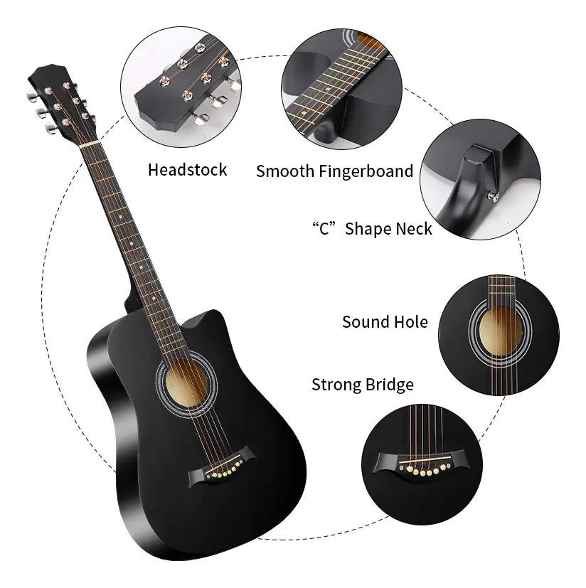 GUITARRA ACÚSTICA NEGRA 38" + KIT COMPLETO (8 ACCESORIOS)